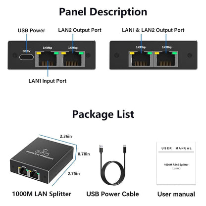 Ethernet Splitter 1 to 3 RJ45 Gigabit LAN Adapter with USB Power