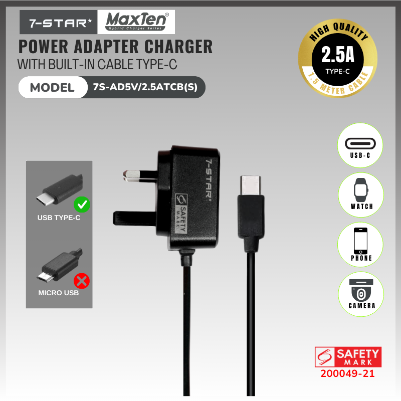 5V 2.5A Type-C USB-C Power Adapter Charger | Black | 7S-AD5V/2.5ATCB(S)