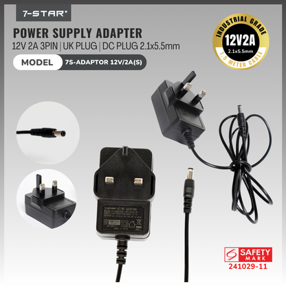 12V 2A UK Plug Power Adapter| 2.1*5.5mm | 7S-ADAPTOR 12V/2A(S)