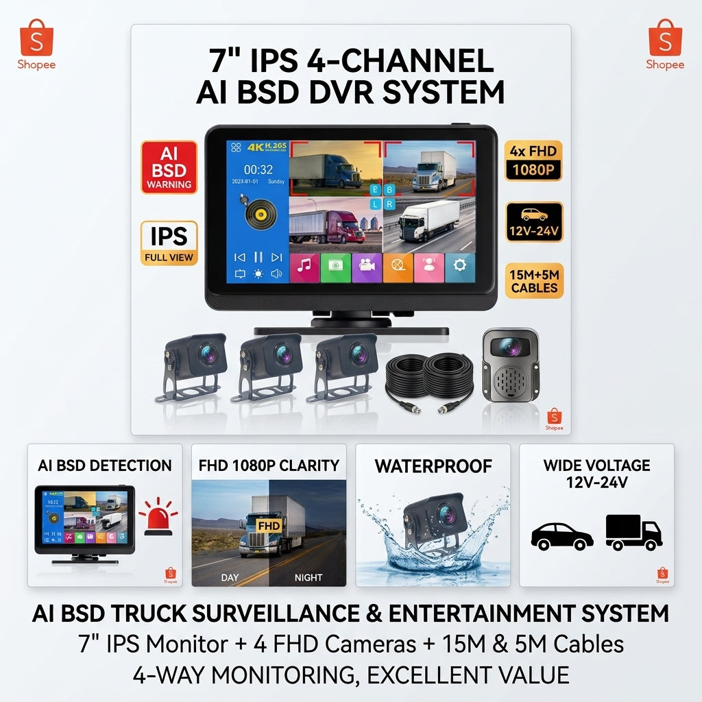 7" IPS Touchscreen DVR 4CH FHD Camera with BSD Alarm & Siren | 12–24V | MDVR704R-BSD