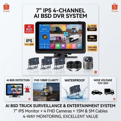 7" IPS Touchscreen DVR 4CH FHD Camera with BSD Alarm & Siren | 12–24V | MDVR704R-BSD