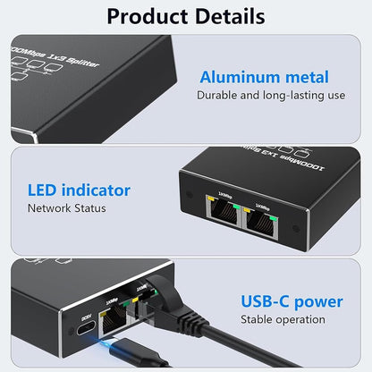 Ethernet Splitter 1 to 3 RJ45 Gigabit LAN Adapter with USB Power