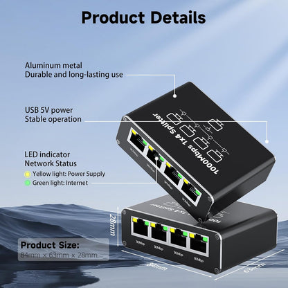 Gigabit Ethernet Splitter 1 to 4 with USB 5V | 1000Mbps | RJ45-1G104