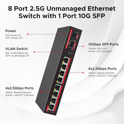 8 Port 2.5G with 1 Port 10Gbps SFP+ Desktop Network Switch | 7SNSR-25G801