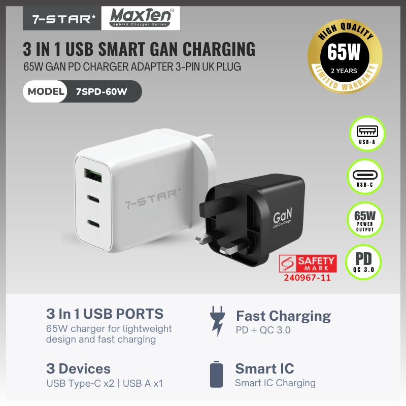 65W GaN PD Charger Adapter | USB Type-C | USB A | White | 7SPD-60W