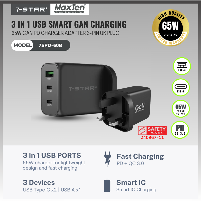 65W GaN PD Charger Adapter | USB Type-C | USB A | Black | 7SPD-60B