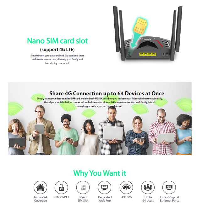 D-Link DWR-M955X 4G LTE WiFi 6 AX1500 Gigabit Mobile Sim Card Router | Up to 64 Users | DL-DWR-M955X