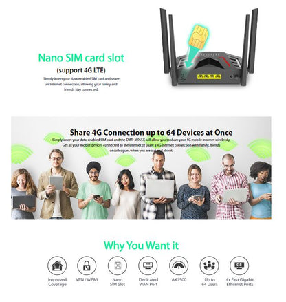 D-Link DWR-M955X 4G LTE WiFi 6 AX1500 Gigabit Mobile Sim Card Router | Up to 64 Users | DL-DWR-M955X