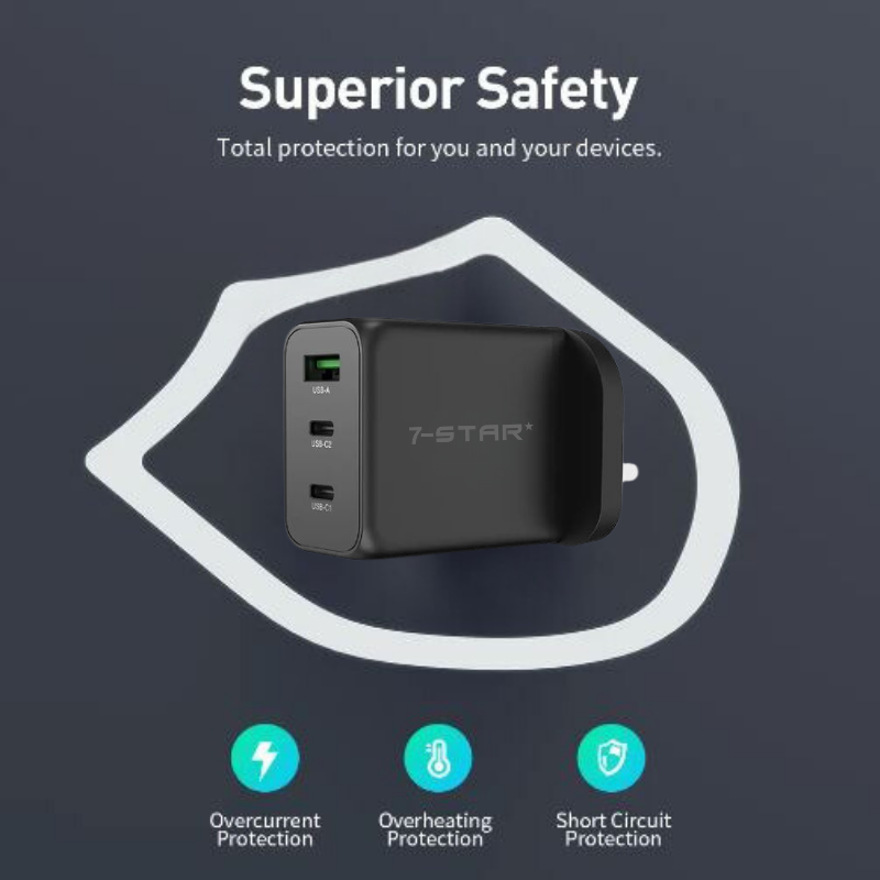 65W GaN PD Charger Adapter | USB Type-C | USB A | Black | 7SPD-60B