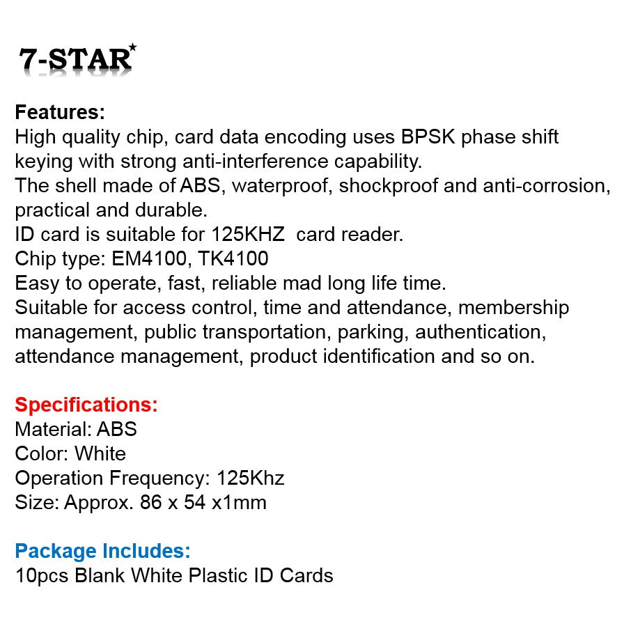 (10PCS) 125kHz RFID Proximity Cards for Door Access & Biometric Control System | RFID-C