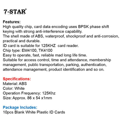 (10PCS) 125kHz RFID Proximity Cards for Door Access & Biometric Control System | RFID-C