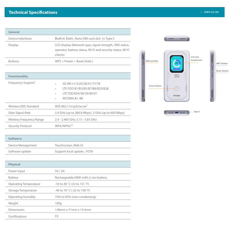 D-Link DWR-U2100 ESIM 5G WiFi 6 Mobile WiFi Hotspot with eSim/Nano Sim | DL-DWR-U2100(E-SIM)