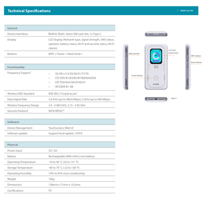 D-Link DWR-U2100 ESIM 5G WiFi 6 Mobile WiFi Hotspot with eSim/Nano Sim | DL-DWR-U2100(E-SIM)