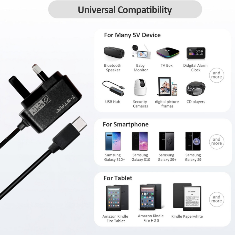 5V 2.5A Type-C USB-C Power Adapter Charger | Black | 7S-AD5V/2.5ATCB(S)