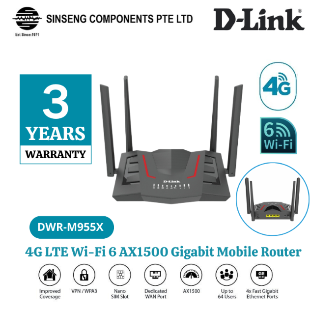 D-Link DWR-M955X 4G LTE WiFi 6 AX1500 Gigabit Mobile Sim Card Router | Up to 64 Users | DL-DWR-M955X