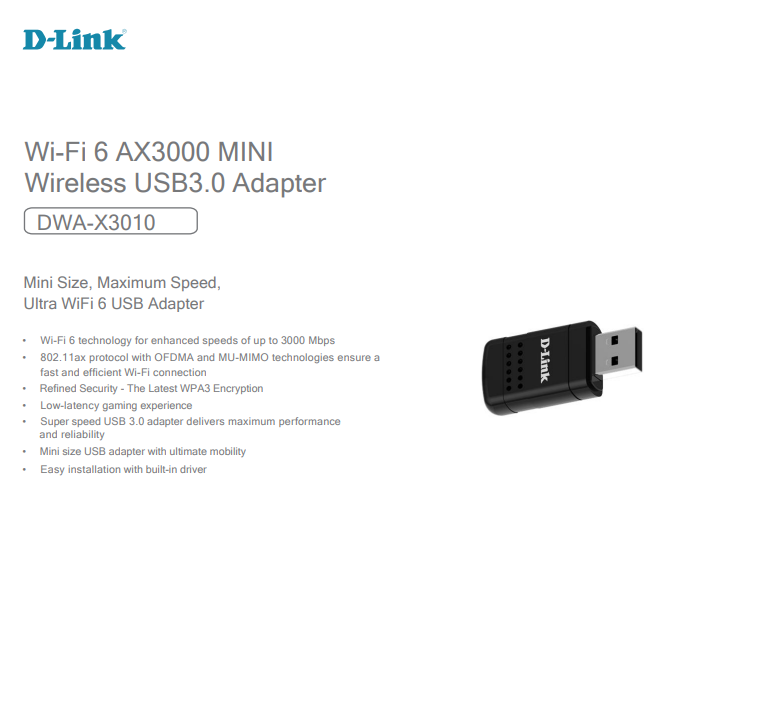 D-Link AX3000 Wi-Fi (Wireless) Mini Wireless USB 3.0 Adapter | DL-DWA-X3010
