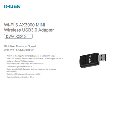 D-Link AX3000 Wi-Fi (Wireless) Mini Wireless USB 3.0 Adapter | DL-DWA-X3010