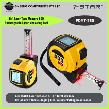 3-in-1 Laser Tape Measure 60M + 5M + Angle Display | PDMT-360