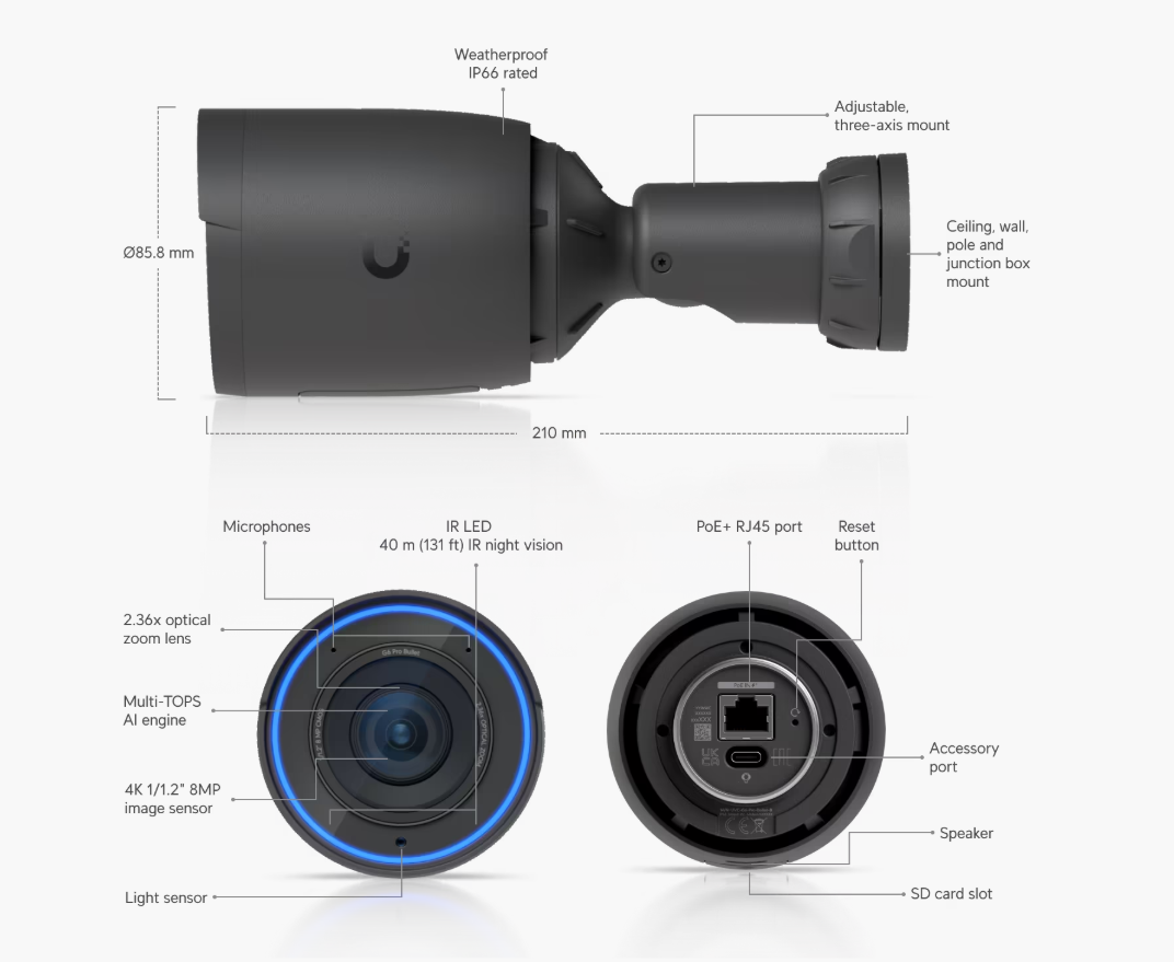 UniFi UVC‑G6‑Pro Black Bullet 4K 8MP Outdoor Security Camera