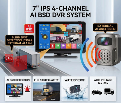 7" IPS Touchscreen DVR 4CH FHD Camera with BSD Alarm & Siren | 12–24V | MDVR704R-BSD