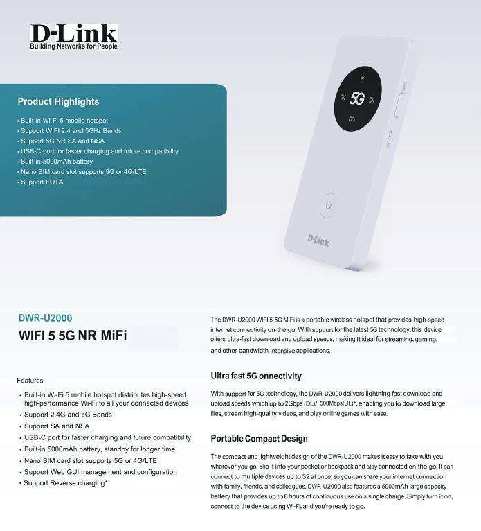 D-Link DWR-U2000 5G Mobile Router Wi-Fi Hotspot 5000mAh Up to 32 Device | DL-DWR-U2000