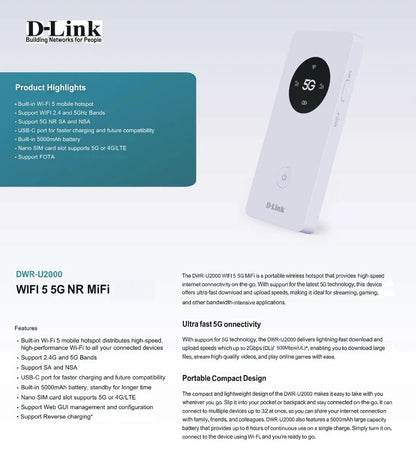 D-Link DWR-U2000 5G Mobile Router Wi-Fi Hotspot 5000mAh Up to 32 Device | DL-DWR-U2000