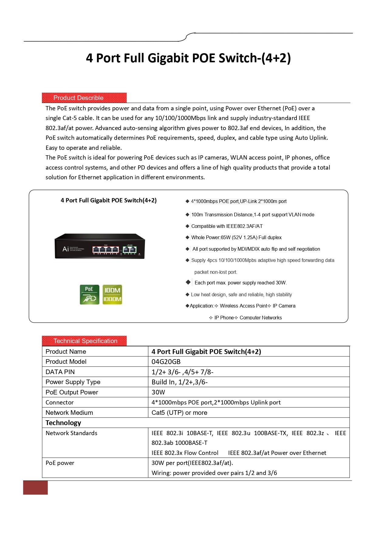 65W Full Gigabit 4 Port 1000Mbps PoE Switch with 4 PoE Ports - 2 Uplink Port | POE-G4200
