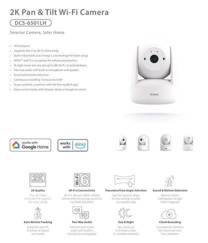 D-link 3MP 2K QHD Pan & Tilt PTZ Wi-Fi Security IP Camera | DL-DCS-6501LHW
