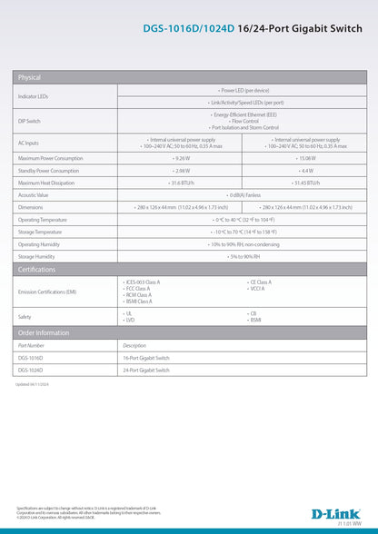 D-Link DGS-1024D 24 Port Gigabit Unmanaged Network Switch | DL-DGS-1024D