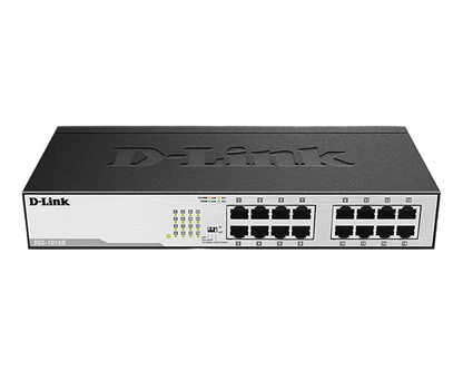 D-Link 24-port Gigabit Ethernet switch, model DSL-2410SH, shown from the front against a solid black background.