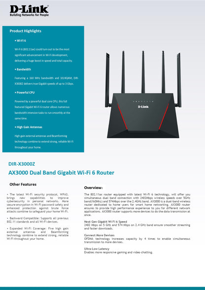 D-Link AX3000 WiFi 6 Mesh Gigabit Wireless Wifi Router | DL-DIR-X3000Z