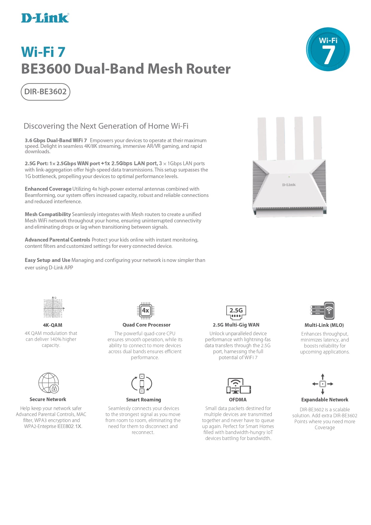 D-Link BE3600 Wi-Fi 7 Dual-Band Mesh Router | DL-DIR-BE3602