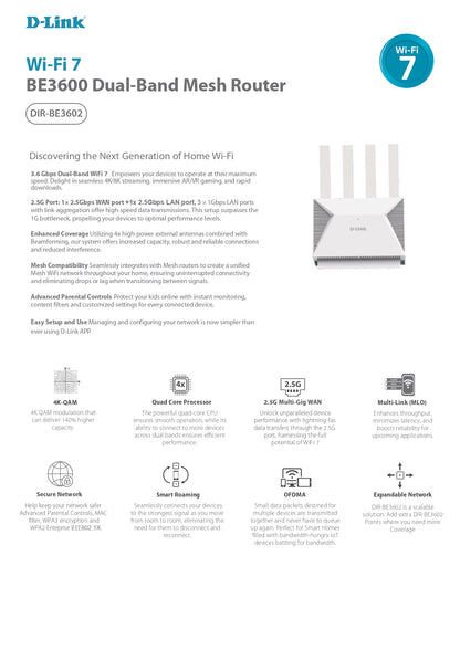 D-Link BE3600 Wi-Fi 7 Dual-Band Mesh Router | DL-DIR-BE3602