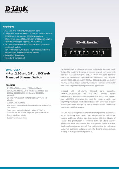 D-Link 4-Port 2.5G and 2-Port 10G Web Managed Ethernet Switch | DMS-F206XT