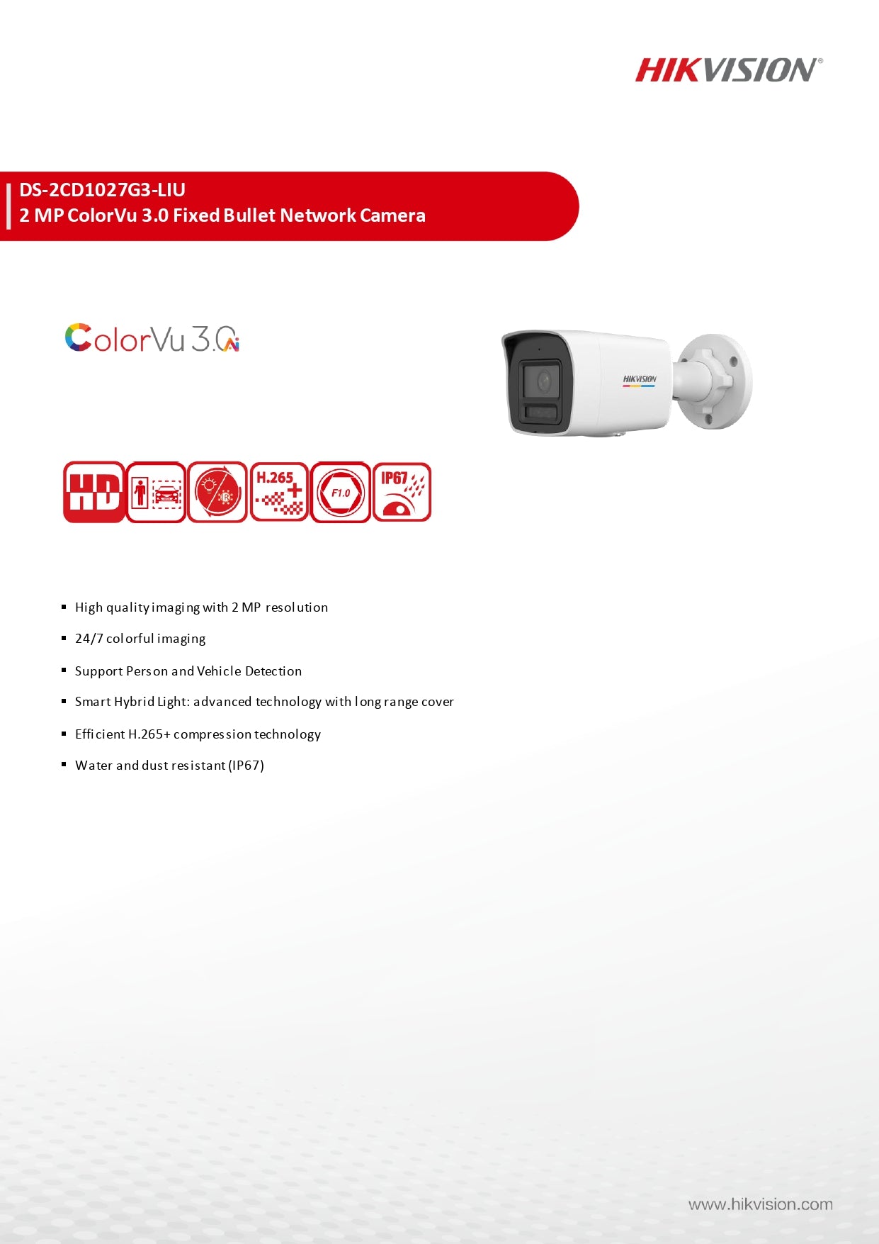 Hikvision 2MP ColorVu 3.0 Fixed Bullet Network Camera | DS-2CD1027G3-LIU