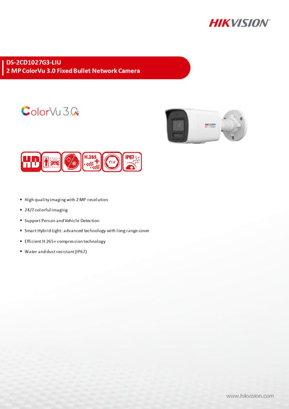Hikvision 2MP ColorVu 3.0 Fixed Bullet Network Camera | DS-2CD1027G3-LIU