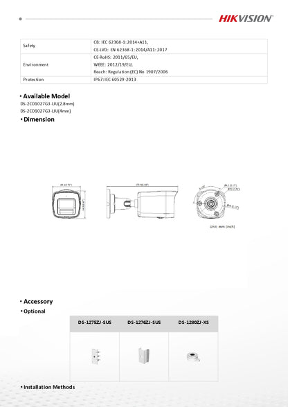 Hikvision 2MP ColorVu 3.0 Fixed Bullet Network Camera | DS-2CD1027G3-LIU