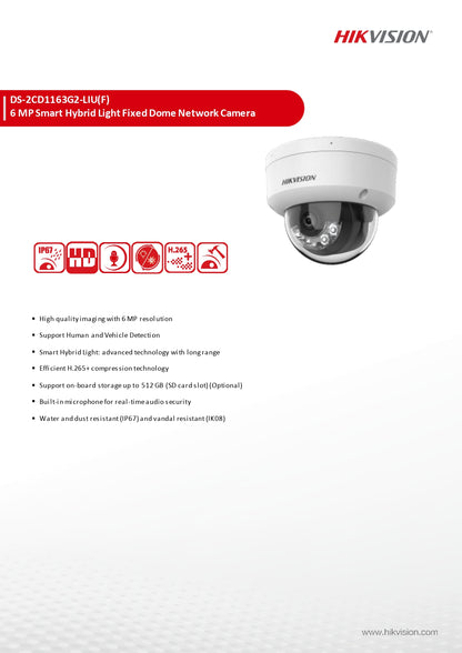 Hikvision DS-2CD1163G2-LIU 6MP Smart Hybrid Light Dome IP Camera