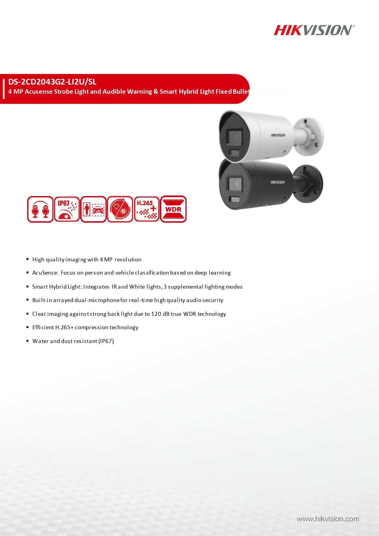 Hikvision DS-2CD2043G2-LI2U/SL 4MP AcuSense Smart Hybrid Light Bullet Camera