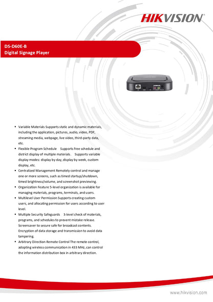 Hikvision DS-D60E-B Digital Signage Player | Remote Media Player