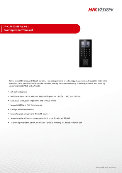 Hikvision DS-K1T807MBFWX-E1 Fingerprint, M1 card, PIN Value Fingerprint Terminal