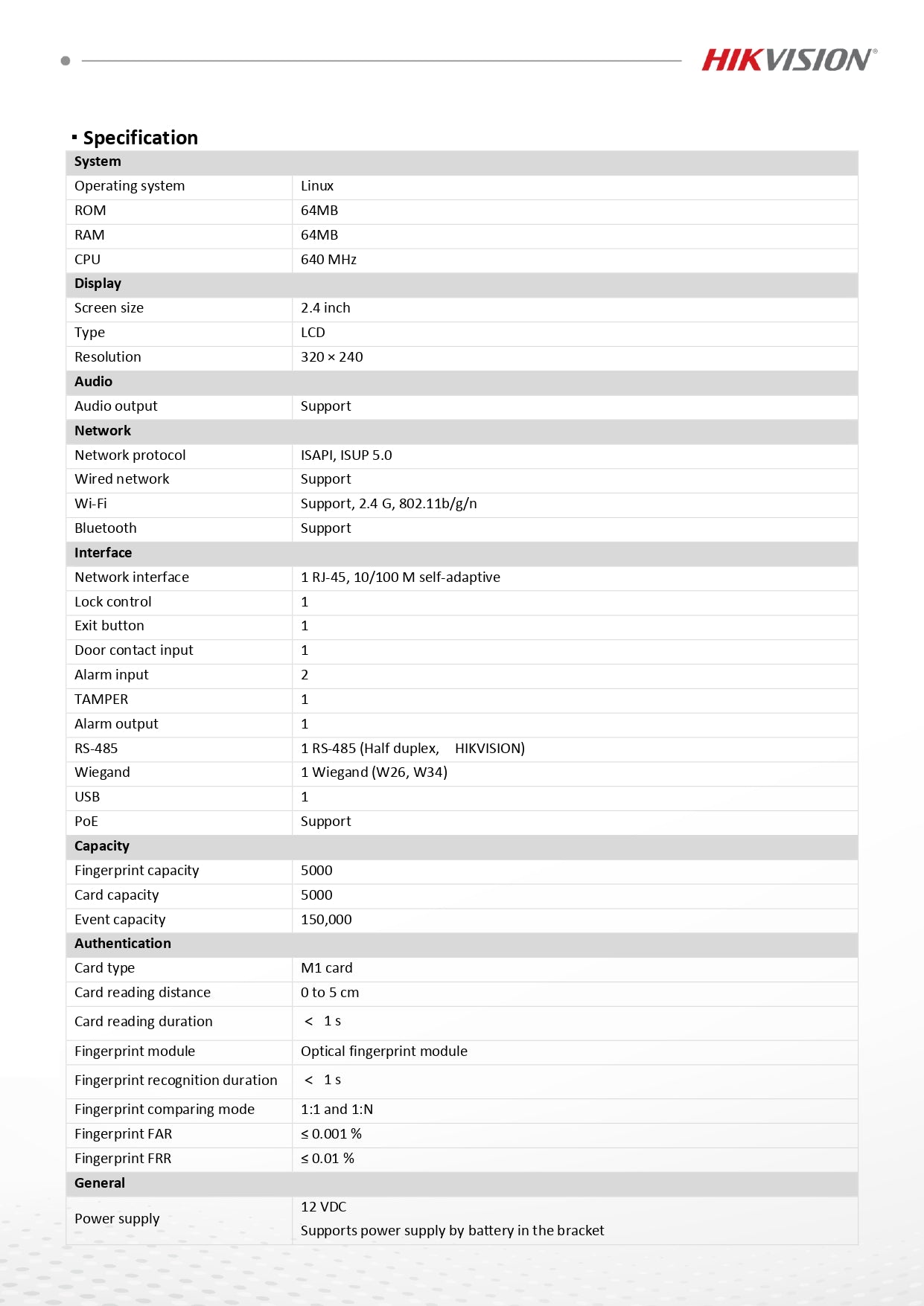 Hikvision DS-K1T807MBFWX-E1 Fingerprint, M1 card, PIN Value Fingerprint Terminal