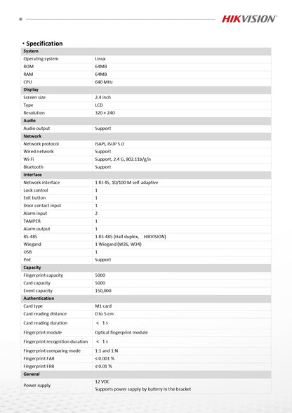 Hikvision DS-K1T807MBFWX-E1 Fingerprint, M1 card, PIN Value Fingerprint Terminal