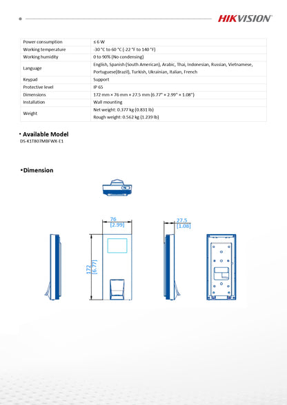 Hikvision DS-K1T807MBFWX-E1 Fingerprint, M1 card, PIN Value Fingerprint Terminal
