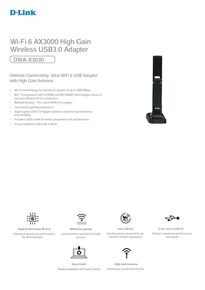 D-Link Wireless AX3000 WiFi 6 High Gain USB 3.0 WiFi Adapter | DWA-X3030