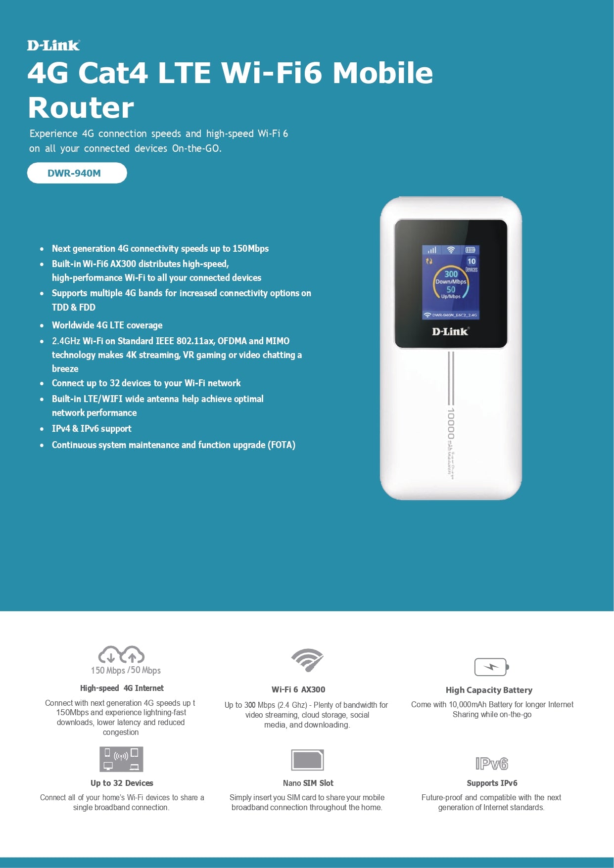 D-Link 4G Cat4 Wi-Fi Wireless 6 Mobile Hotspot with touchscreen | DL-DWR-940M