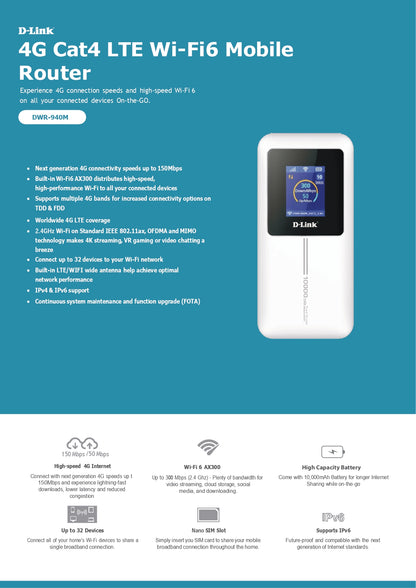 D-Link 4G Cat4 Wi-Fi Wireless 6 Mobile Hotspot with touchscreen | DL-DWR-940M