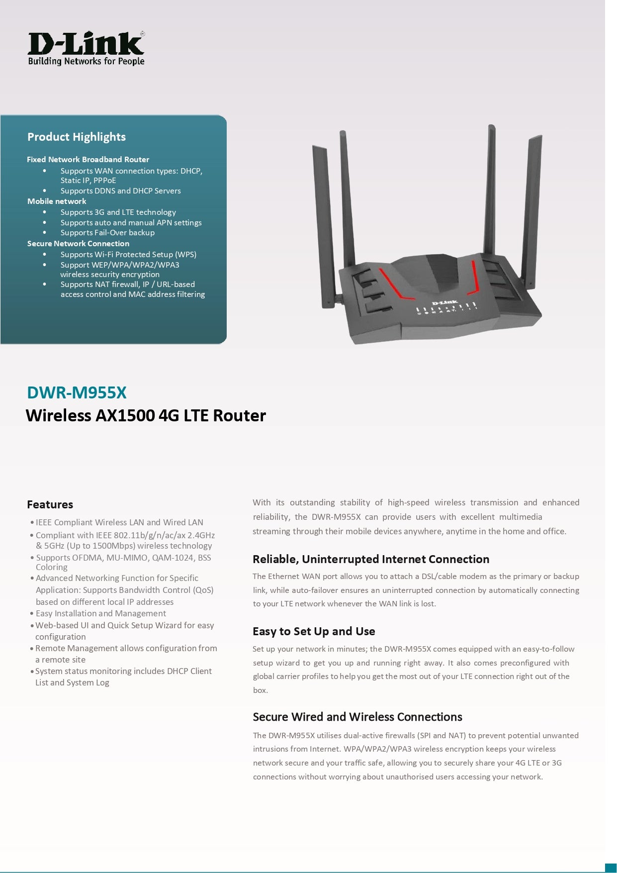 D-Link DWR-M955X 4G LTE WiFi 6 AX1500 Gigabit Mobile Sim Card Router | Up to 64 Users | DL-DWR-M955X