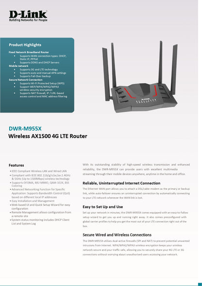 D-Link DWR-M955X 4G LTE WiFi 6 AX1500 Gigabit Mobile Sim Card Router | Up to 64 Users | DL-DWR-M955X
