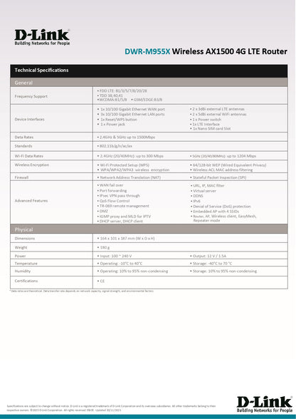 D-Link DWR-M955X 4G LTE WiFi 6 AX1500 Gigabit Mobile Sim Card Router | Up to 64 Users | DL-DWR-M955X